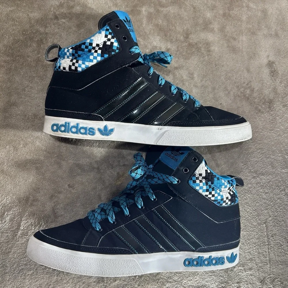 Adidas Originals Black Blue Woven Checkerboard High Top Sneakers Mens Size 10